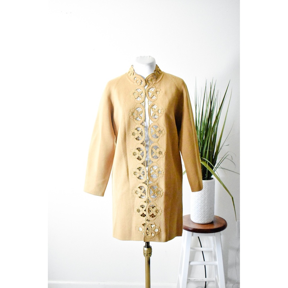 Day-N-Date Knit Coat Womens M Mustard‎ Yellow 60s Vintage Floral Cut-Out Mod